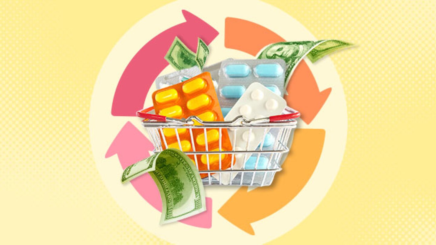 Pictured: Collage of pills in a basket, money, and arrows