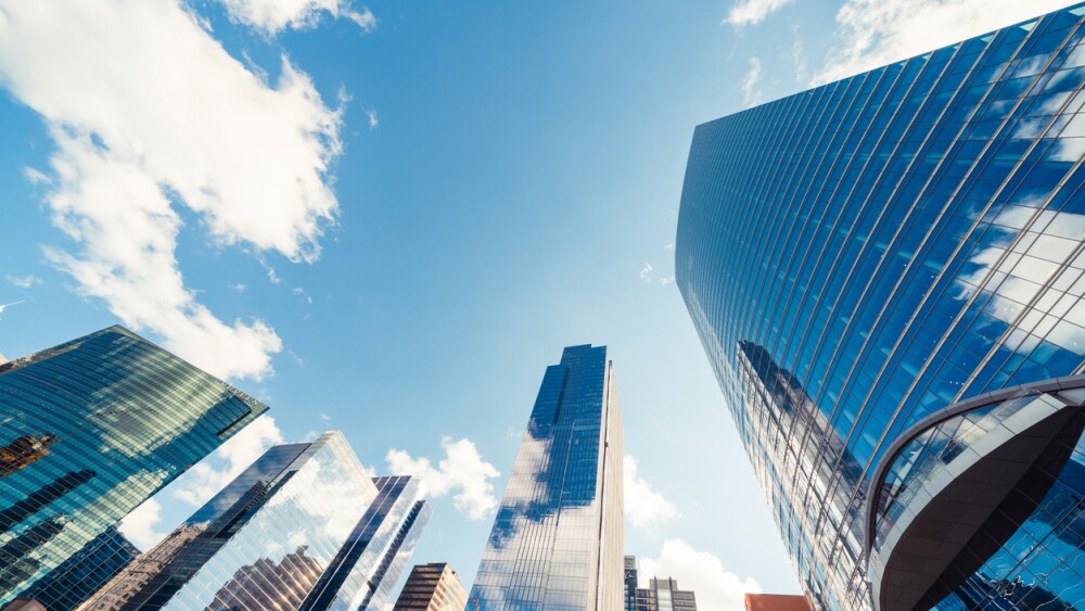 Modern tower buildings in financial district on sunny day in Chicago