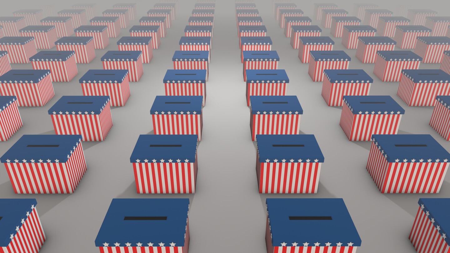 Artist illustration of stars and stripes colored ballot boxes in U.S. election