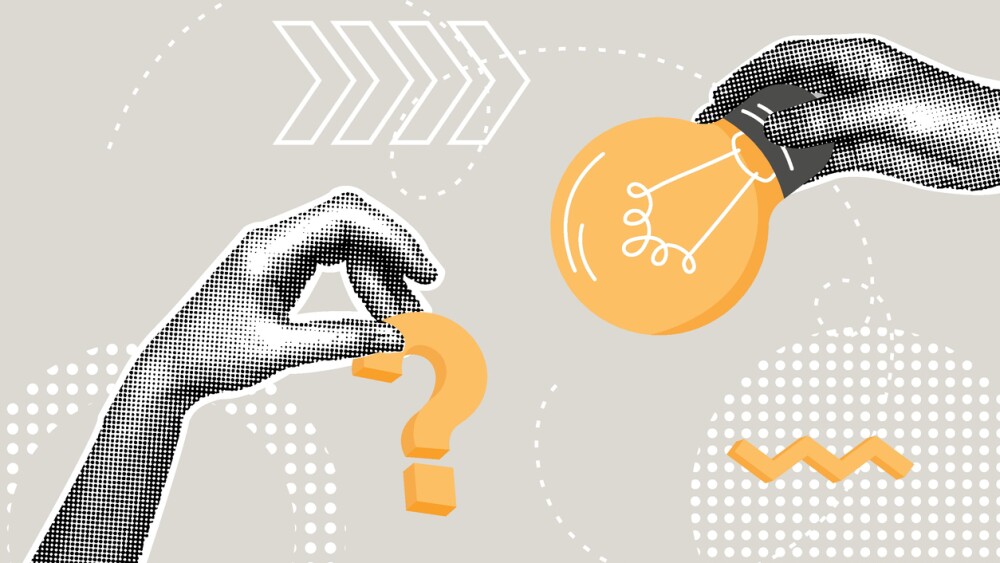 Collage showing one hand holding question mark and another hand holding a light bulb