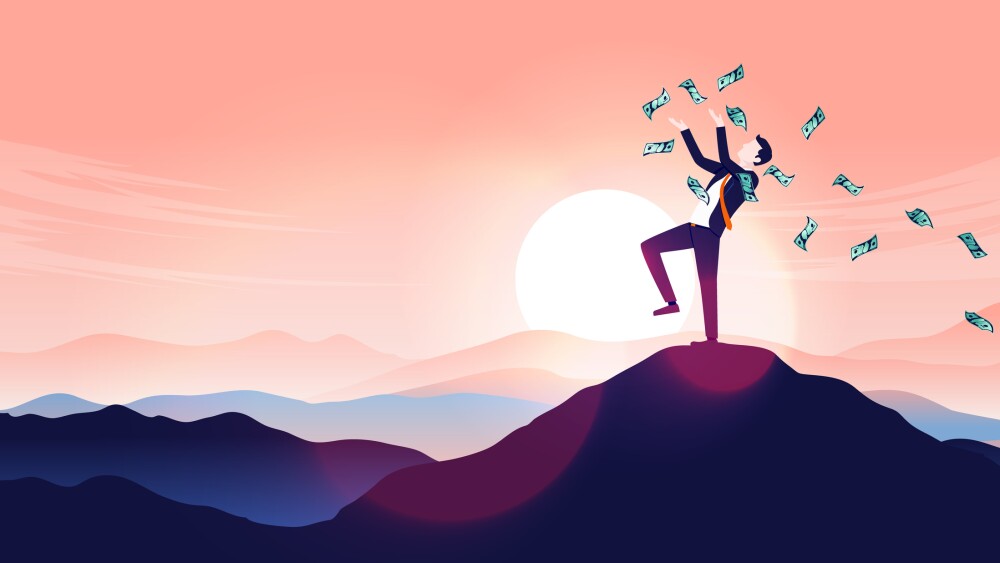 Man reaching the top and having success, throwing cash in air. Being successful in finance concept. Vector illustration