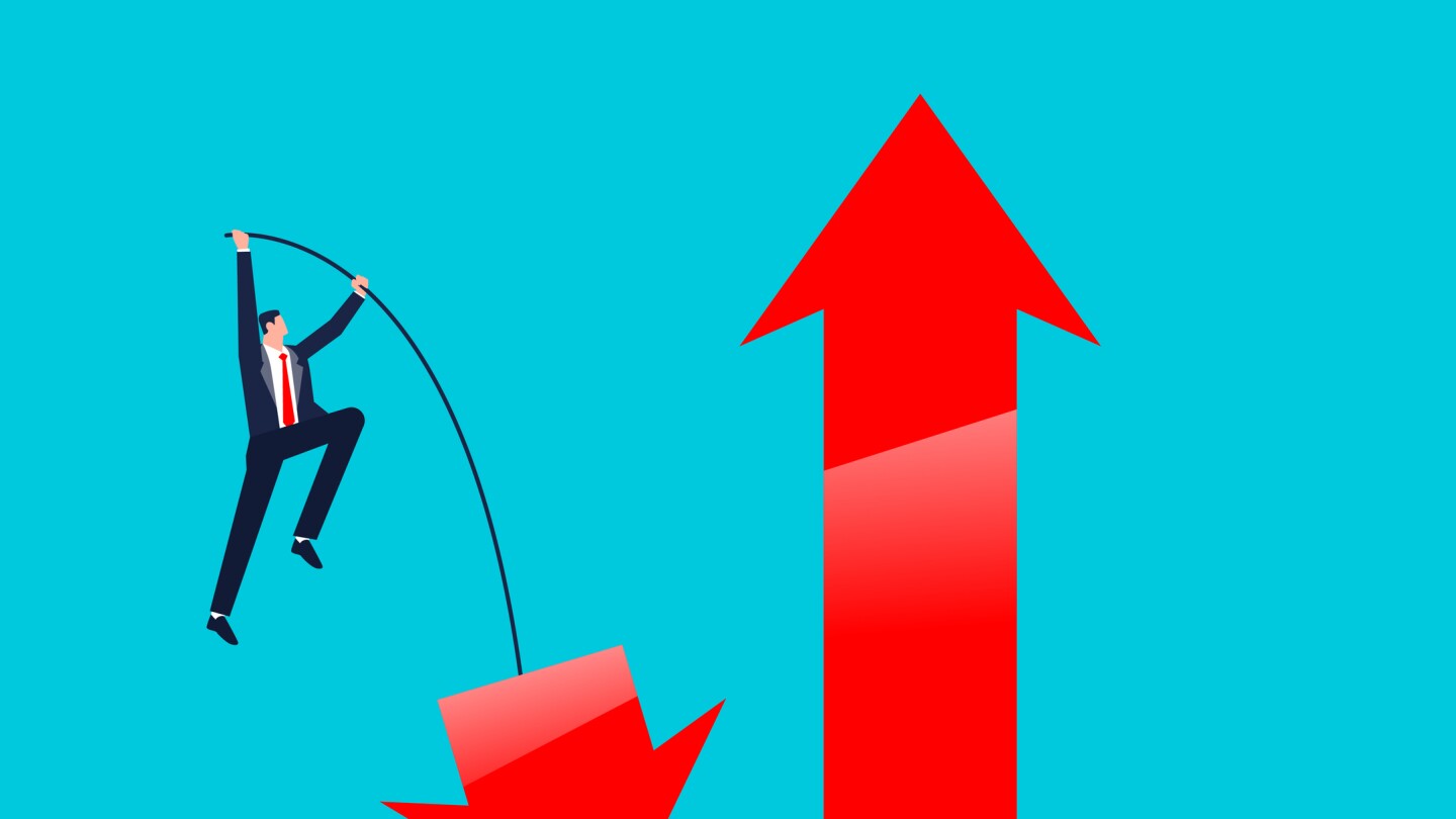 Changing or transforming, turning around, challenging the odds and conquering adversity, a businessman pole vaulting from the down arrow to the up arrow of growth