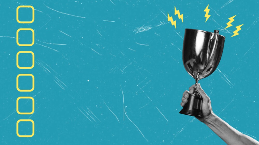 A contemporary artistic collage featuring a hand holding a trophy. The concept of victory and achievement.