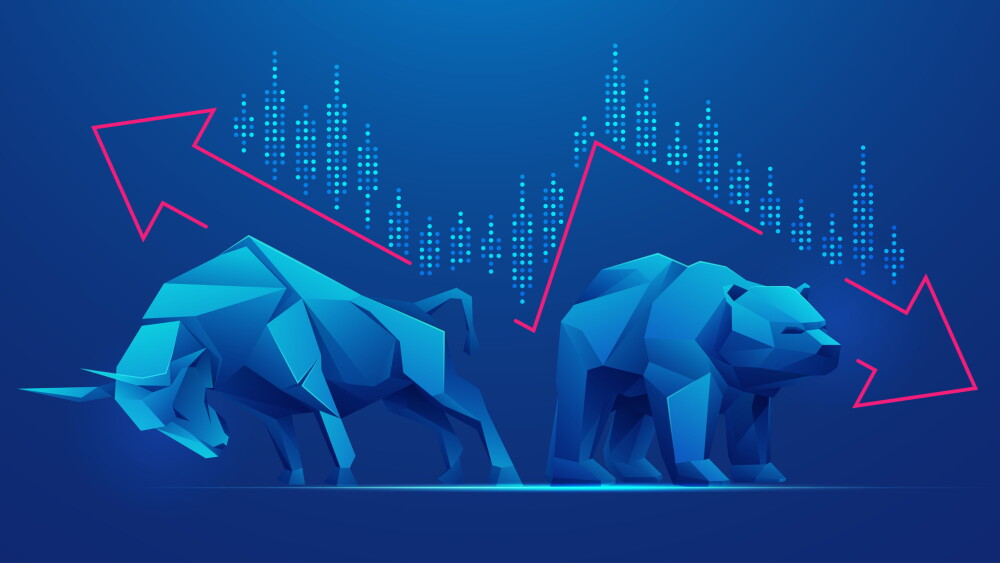 concept of stock market exchange or financial analysis, polygon bull and bear with futuristic element