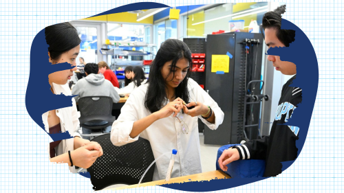 Photo of Johns Hopkins biomedical engineering students at work against grid background