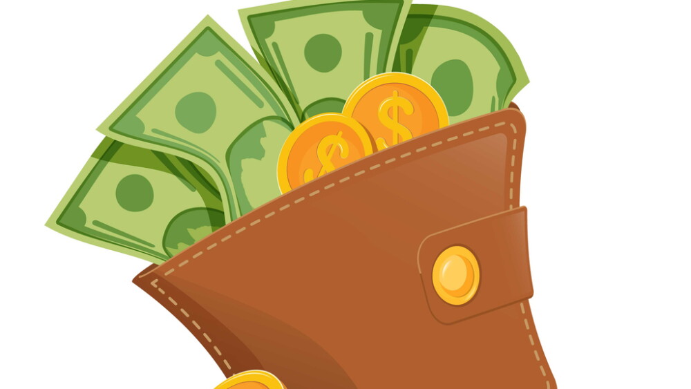 Brown wallet with green dollar bills and coins against a white background. Business and backing design element.