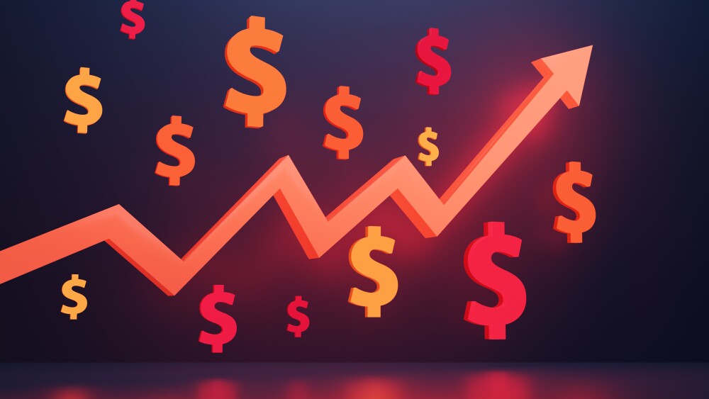 Glowing red up arrow surrounded by dollar signs in black background. Illustration of the concept of positive return on investment and business earnings