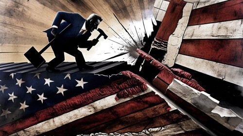 An illustration showing a cartoon man wearing a suit and holding a sledge hammer, standing on an abstract fractured American flag