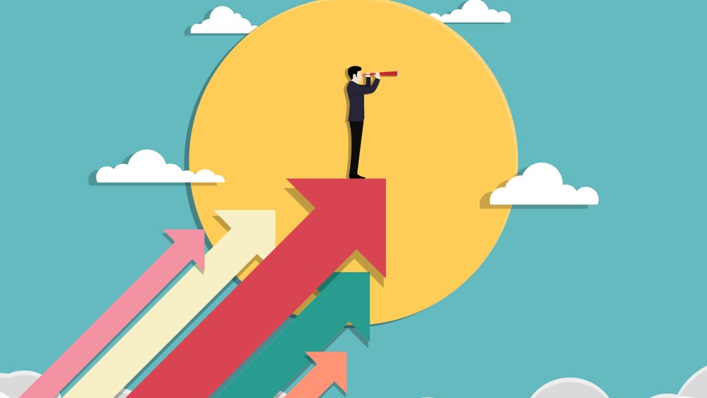 Business vision and target. Businessman holding telescope standing on arrow up go to success in career. Concept business, Achievement, Character, Leader, Vector illustration flat