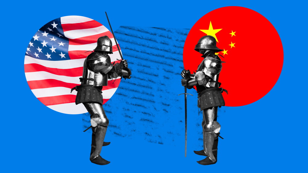 Full 3d poster art collage of anonym people wear armor two soldiers stand america china flag battle confrontation trade war.