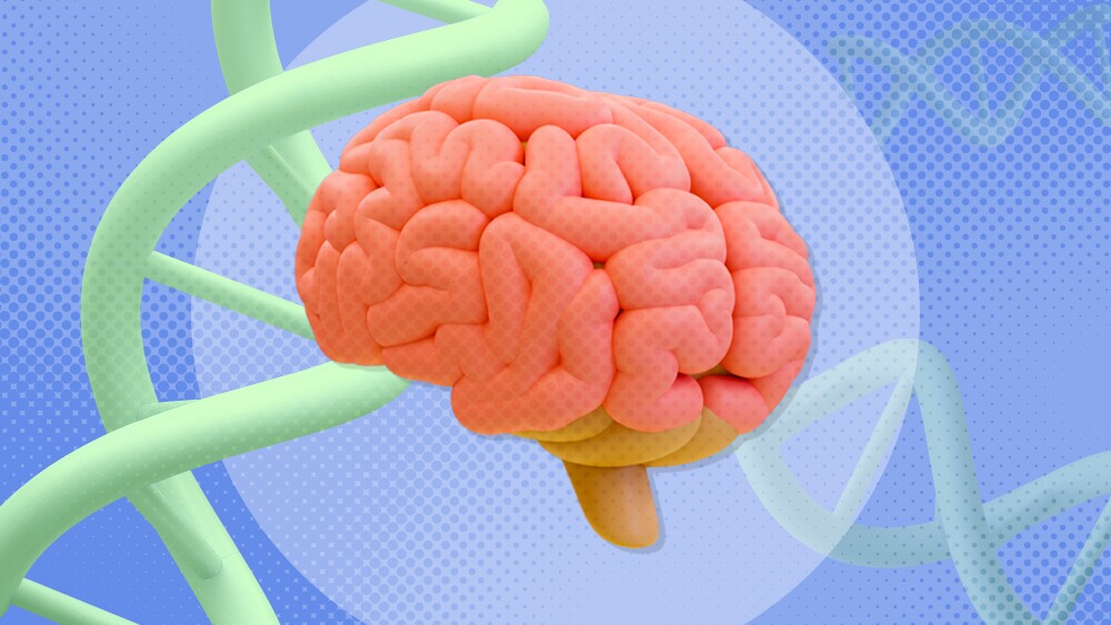 Illustration of a brain with DNA strands in the background