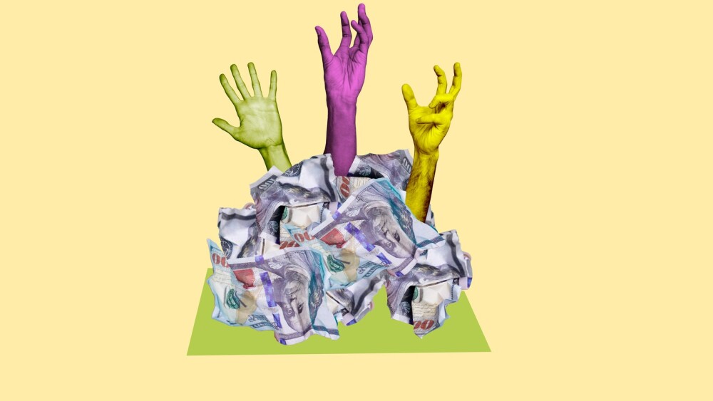 Vertical collage image of zombie people arms stick pile stack crumpled dollar banknotes bills isolated on beige background stock photo