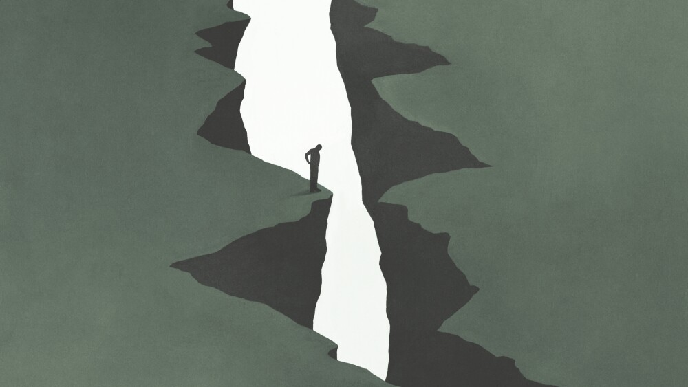 illustration of doubtful man thinks whether to jump to the other side of the mountain, dilemma concept