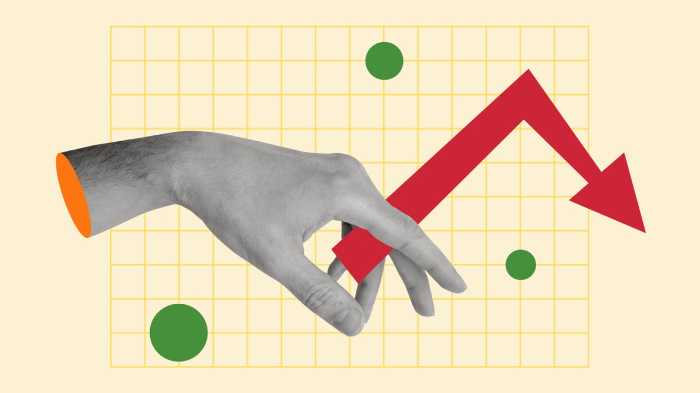 Contemporary art collage of hand holding an arrow showing fall. Modern design. Copy space.