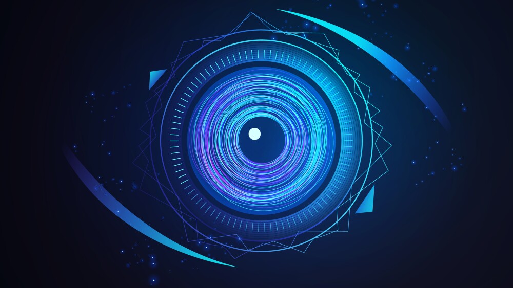 Futuristic robot eye Artificial intelligence abstract future of technology vector design concept. AI technology hologram eye scanning analysis big data, cyber security, radar tracker, survey, graph.