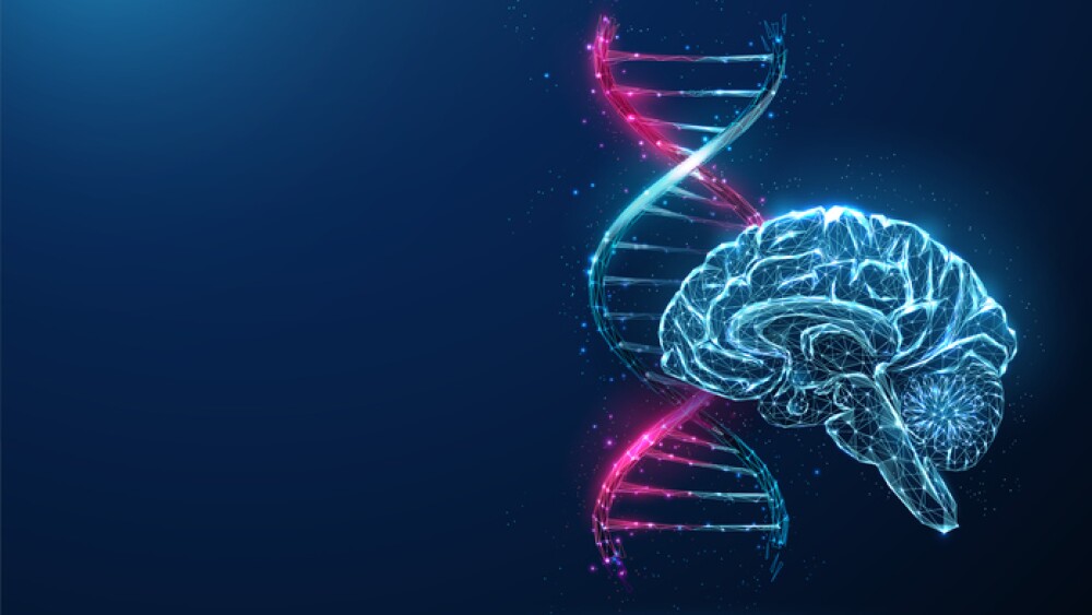 Abstract blue and purple DNA molecule helix and brain. Genetic biotechnology engineering concept. Low poly style design. Geometric background. Wireframe light graphic connection structure. Vector
