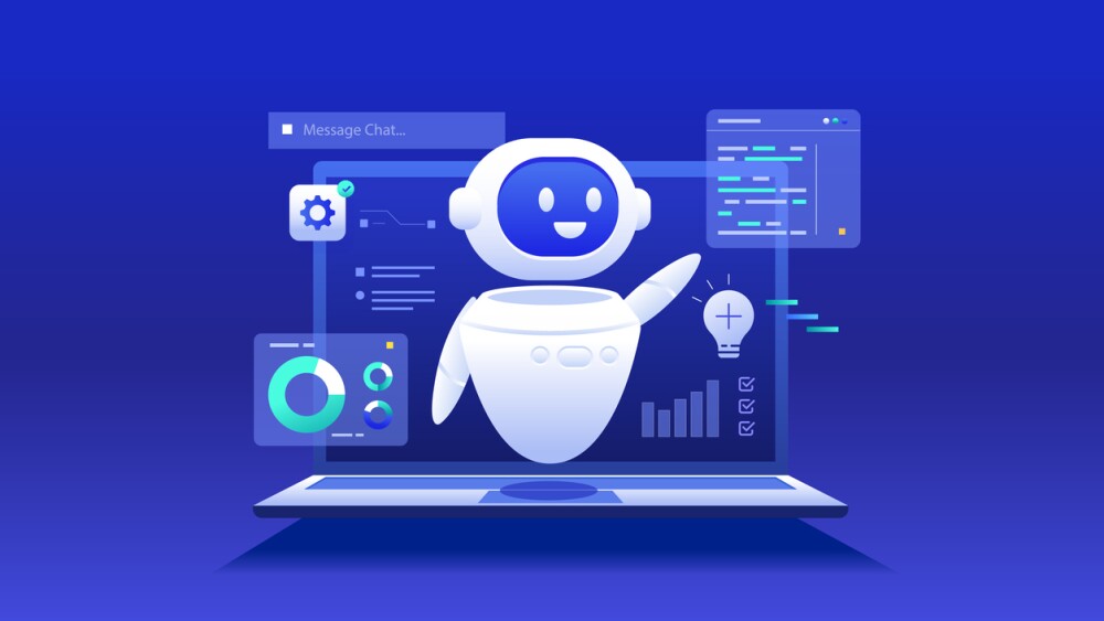 Prompt Engineering in AI Chatbot llm Application, Robotic Assistant with laptop dashboard chat message and Big data concept illustration