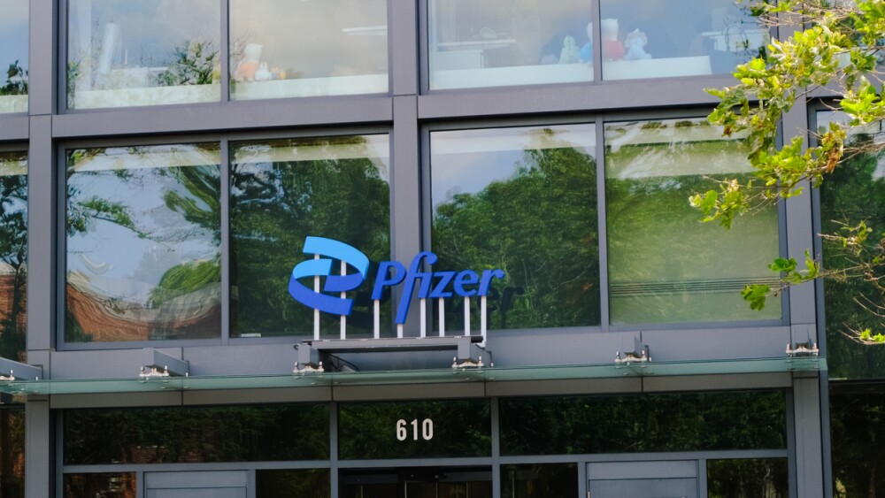 Cambridge, USA - 8 July 2025. Pfizer office entrance with logo on a modern glass building, surrounded by greenery.