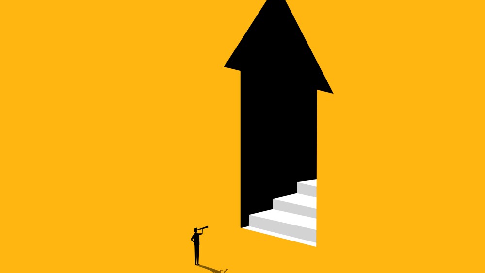 Inspiration Business Opportunity. Businessman looks at stairs in the door arrow pointing up