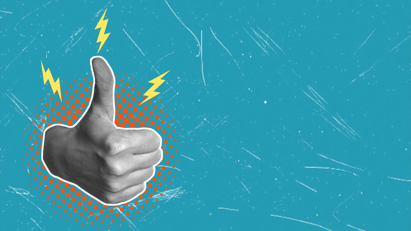 Female hand showing thumbs up gesture on blue background, art collage. Positive hand sign. Fashion collage in the style of Thumbs up magazine. Contemporary art. Modern design.