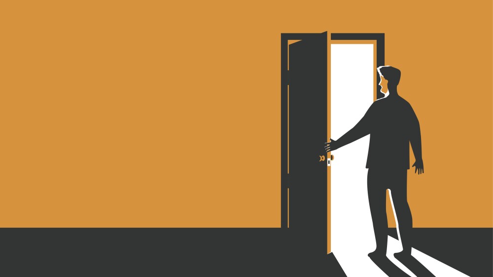 The man opens the door. The concept of mystery or new opportunities or the path to the future.