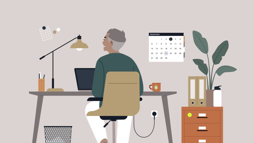 Illustration of fractional worker sitting in home office while working