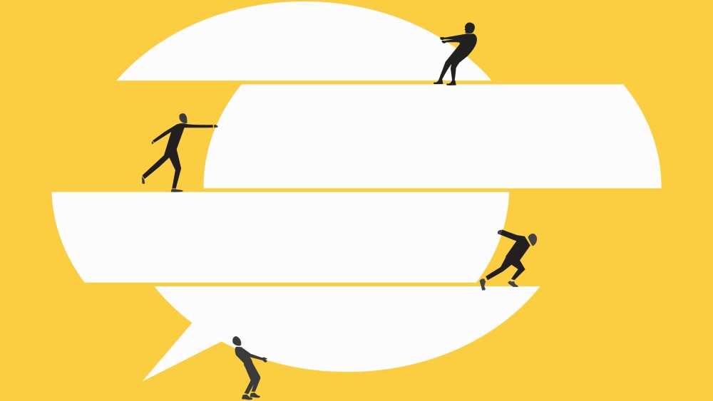 Team work with speech bubble connect. concept of Conversation or communication for success, meeting discussion to get answer or solution, working together, partnership or collaboration