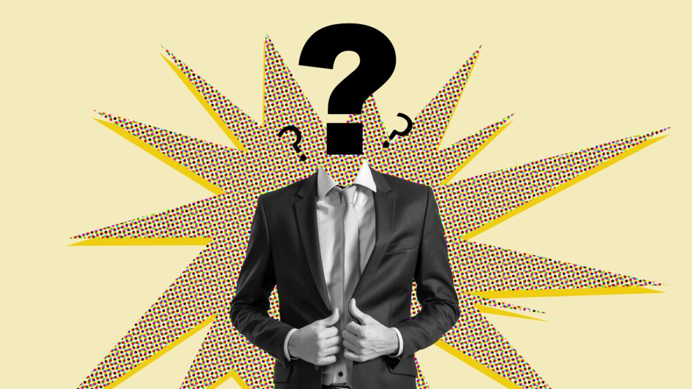  Illustration of businessman with question mark head on colorful comic-style background