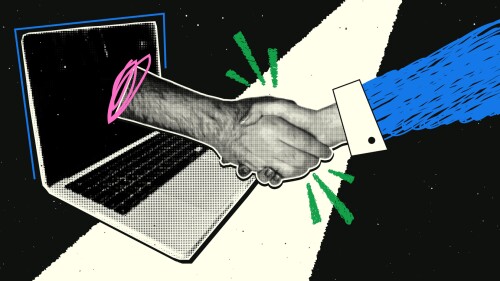 Handshake in retro collage style. Hands with halftone effect make a deal, a hand comes out of a laptop, online deals. Vector modern illustration.