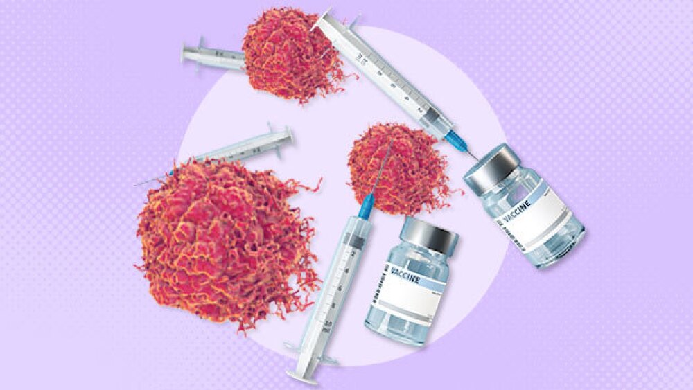 Pictured: A collage of vaccines and cancer cells/