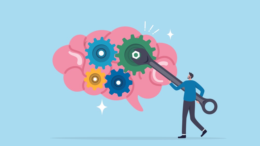 Brain intelligence, fix or adjust creativity thinking, wisdom or improve knowledge learning, tune attitude level or idea development concept, man using wrench adjust gear cogwheels in human brain.