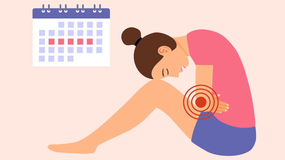 Woman having period pain concept vector illustration. Menstrual cramps.