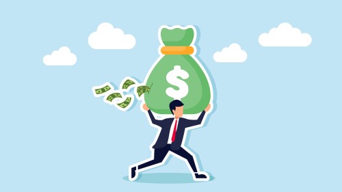 Investment mistakes, taxes, expenses, and unknown costs drain money, concept of Businessman carries a money bag with a big hole, banknotes falling out