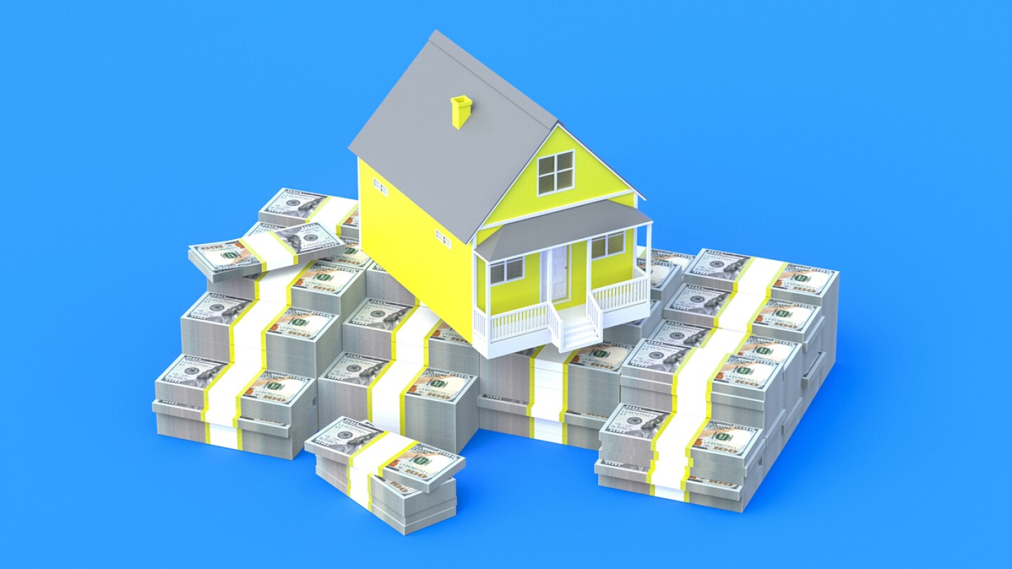 House on heap of money. Property tax. Construction cost. Payment of rent, loan, mortgage. Investing in real estate. Purchase, sale of housing. Building development concept. 3d render