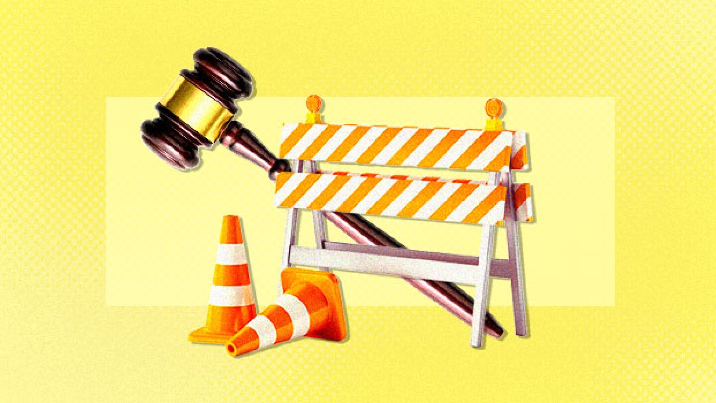 Collage of gavel, safety cones and roadblock