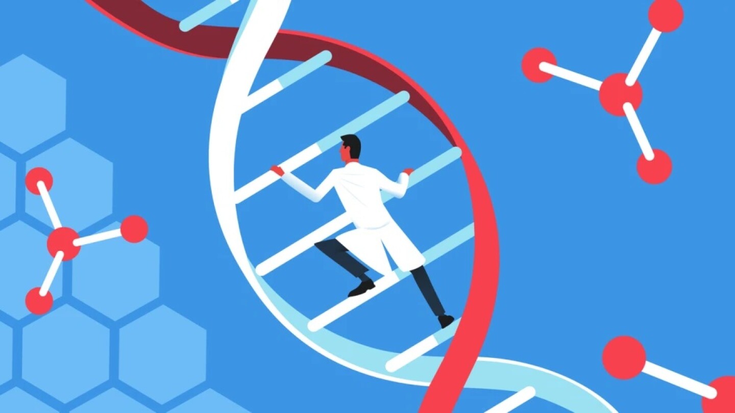 Illustration showing scientist climbing up DNA spiral staircase