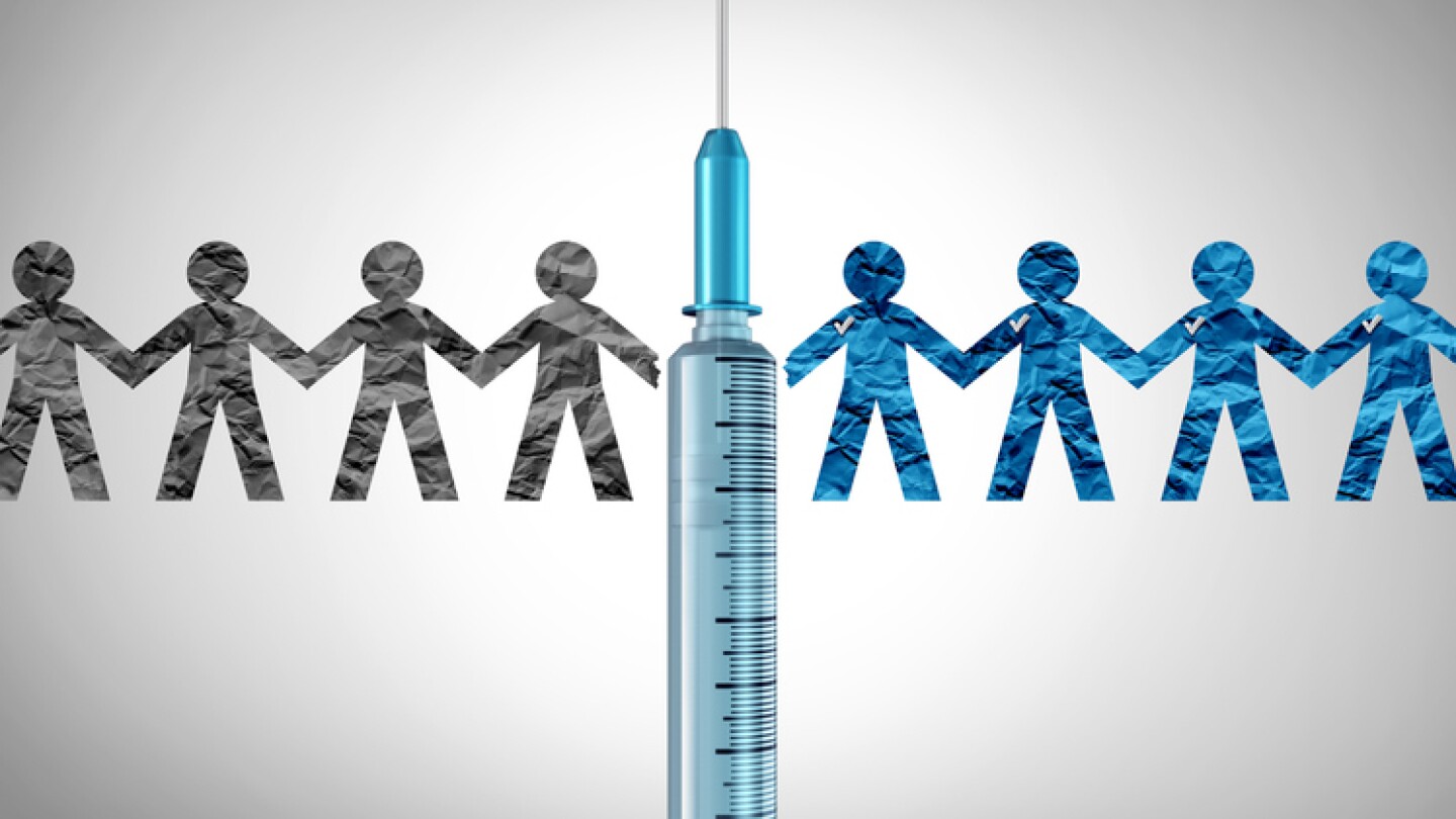 Unvaccinated And vaccinated people as anti-vaxxer or individuals that oppose taking the vaccine with 3D illustration elements.