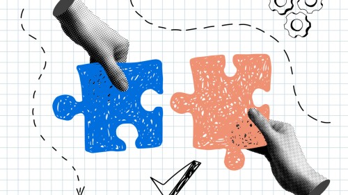Illustration of hands holding puzzle pieces to fit them together