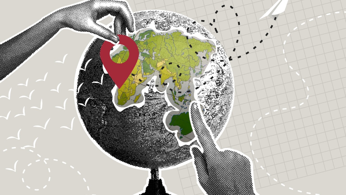 Illustration of hands pointing to destination on globe