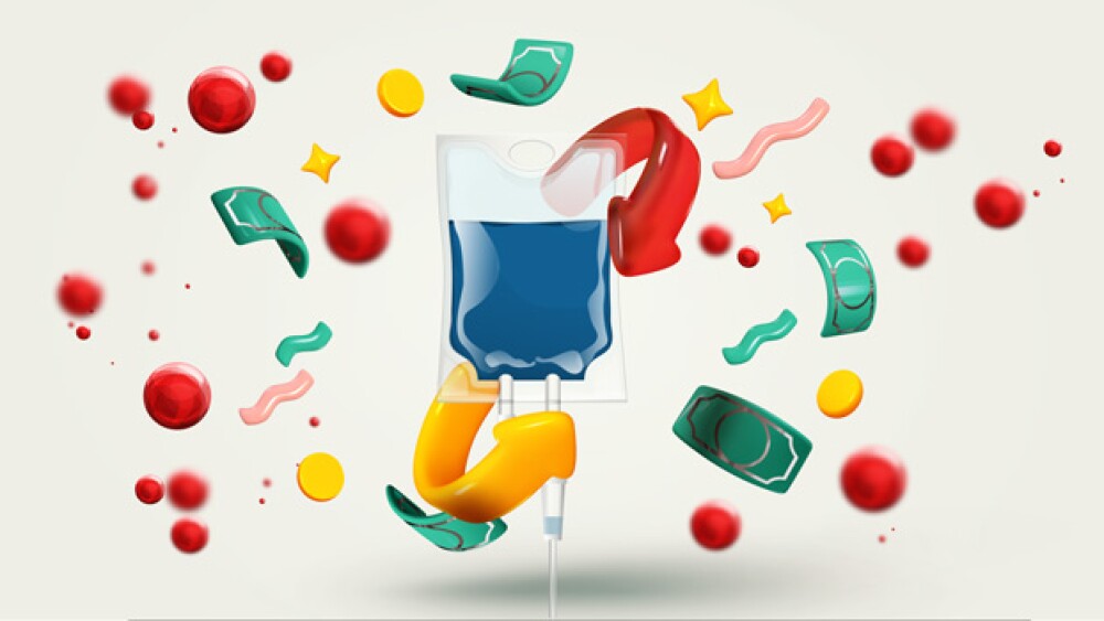 An IV bag circled by money, blood cells, and celeb