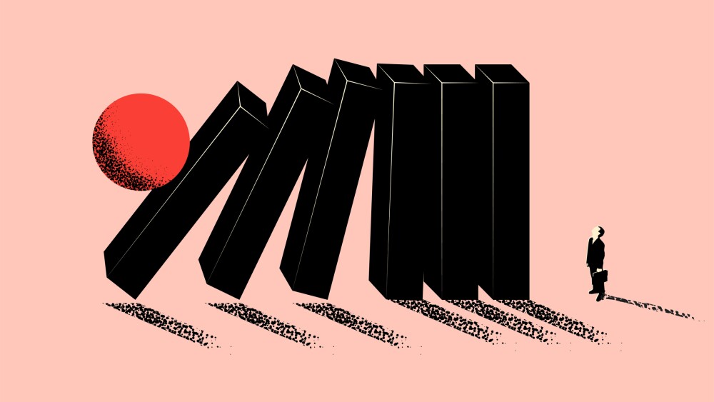 Conceptual business illustration of upcoming business problem metaphor with falling domino and businessman silhouette. Minimalistic vector eps 10 illustration