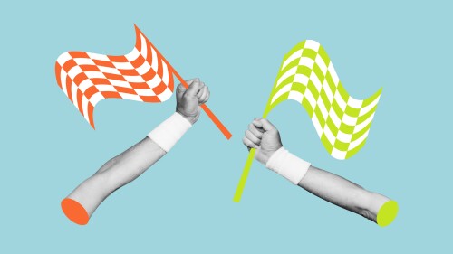 Composite photo collage of business people hands hold checkered flags success finish vote competition isolated on painted background.