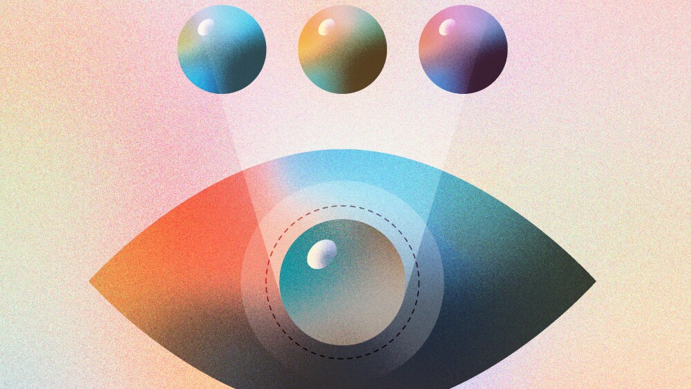 Digital illustration of human eye color modification and futuristic vision. Made with vector vibrant color gradient geometry form. Isolated on colorful textured background.