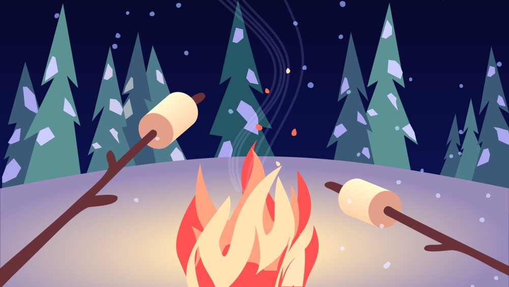 Marshmallow roasting hand drawn flat color vector icon. Marshmallows on sticks night camping fire cartoon. Winter nature outdoor fun party sign. Winter season campfire poster background illustration