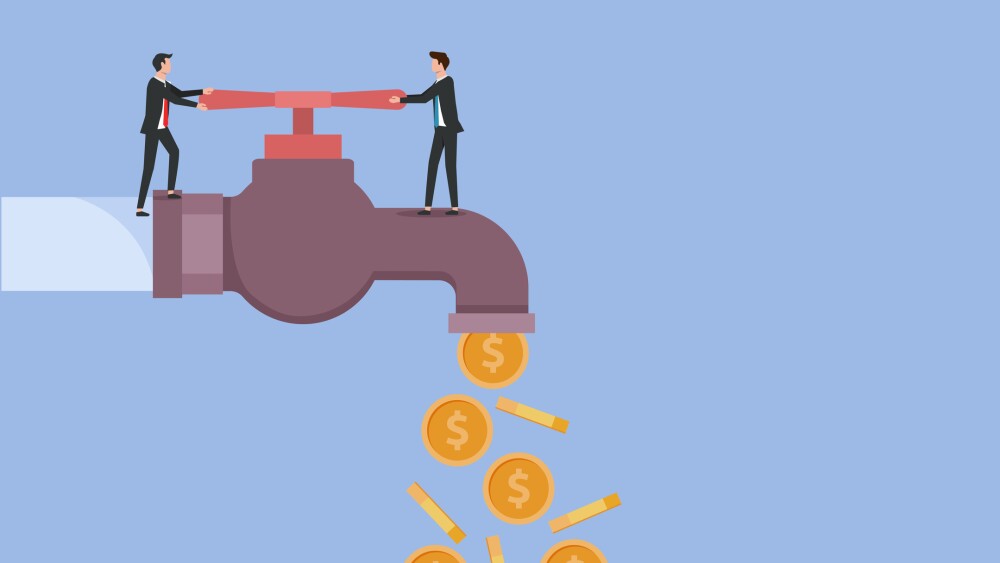 Money coins flow from tap. Cash flow with tiny businessmen open the tap symbol illustration