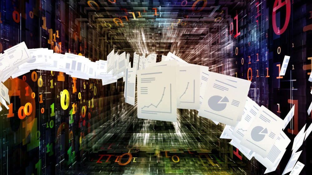 Paper to Digital. Numbers at Work series. Abstract design made of integers and papers in perspective relevant for information, communication, education and internet technologies