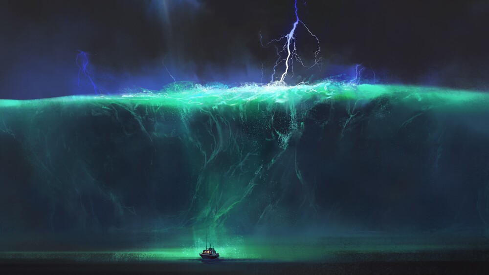 Small boat facing huge ocean waves, fantasy illustration.