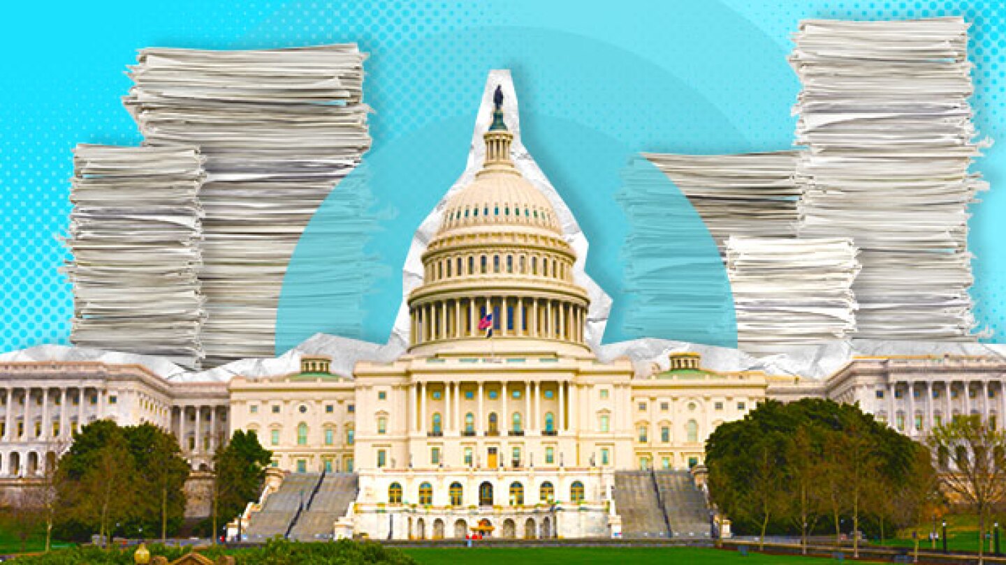 Illustration of the US Capitol building surrounded by stacks of paper