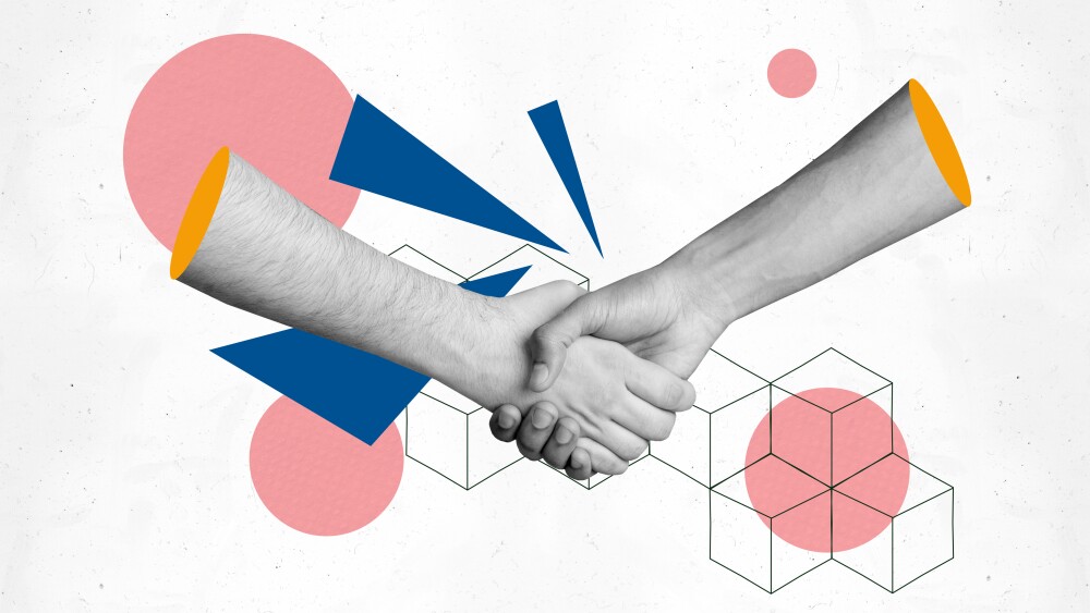 Creative sketch collage of business people handshake gesture approval project development success colleagues cooperation support.