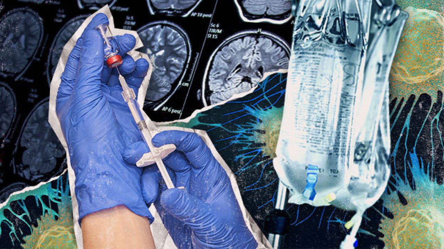 Pictured: Gloved hands amid a collage of cancer treatments